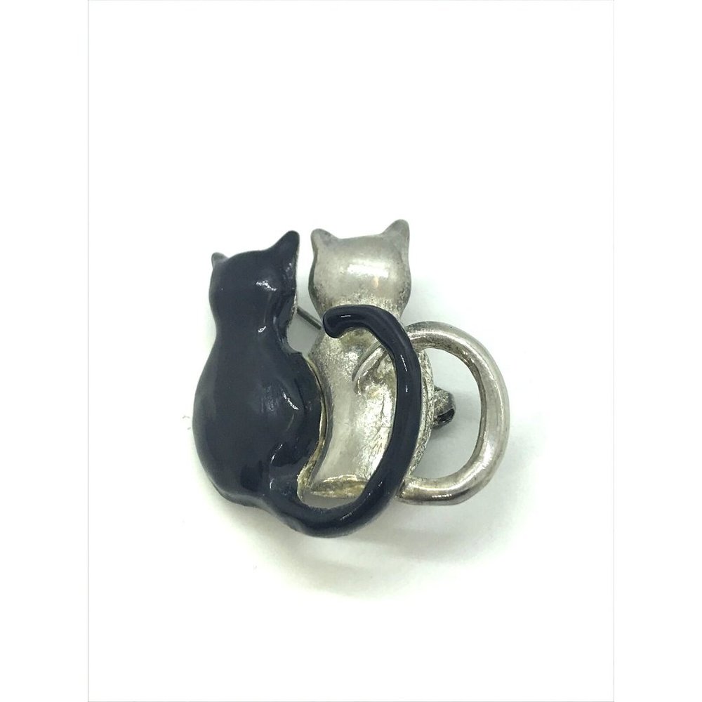 Black Enamel Silver Tone Cats Pin Brooch 1.5"‎ vintage